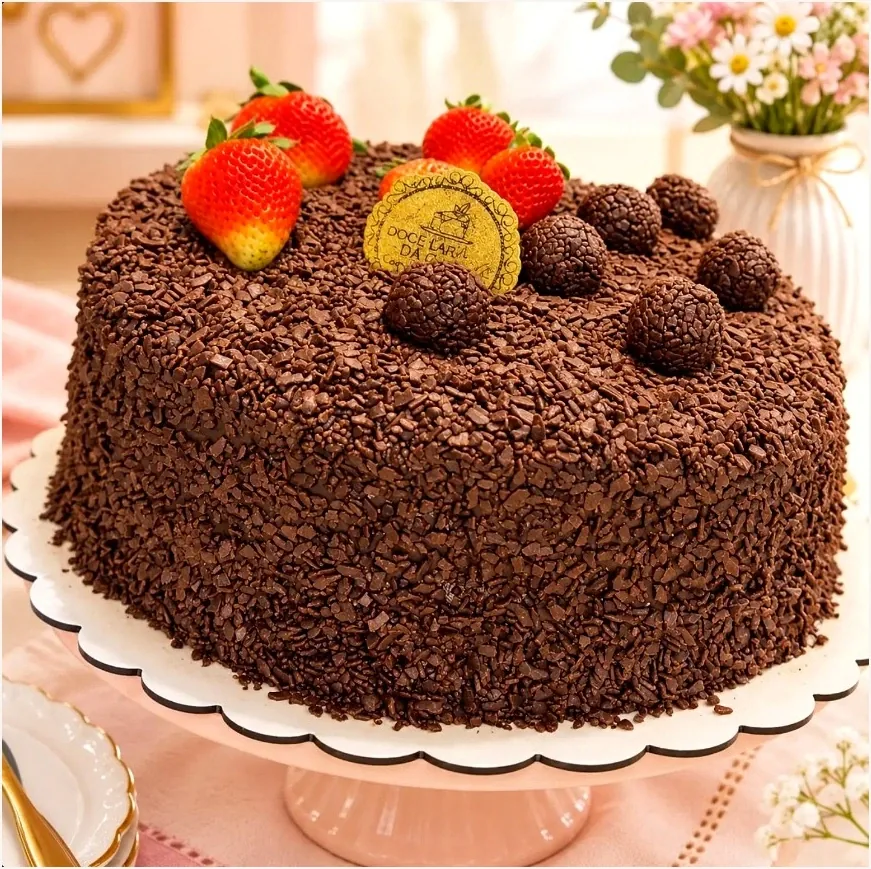 Bolo real da Doce Lar da Carol, decorado com morangos e brigadeiros