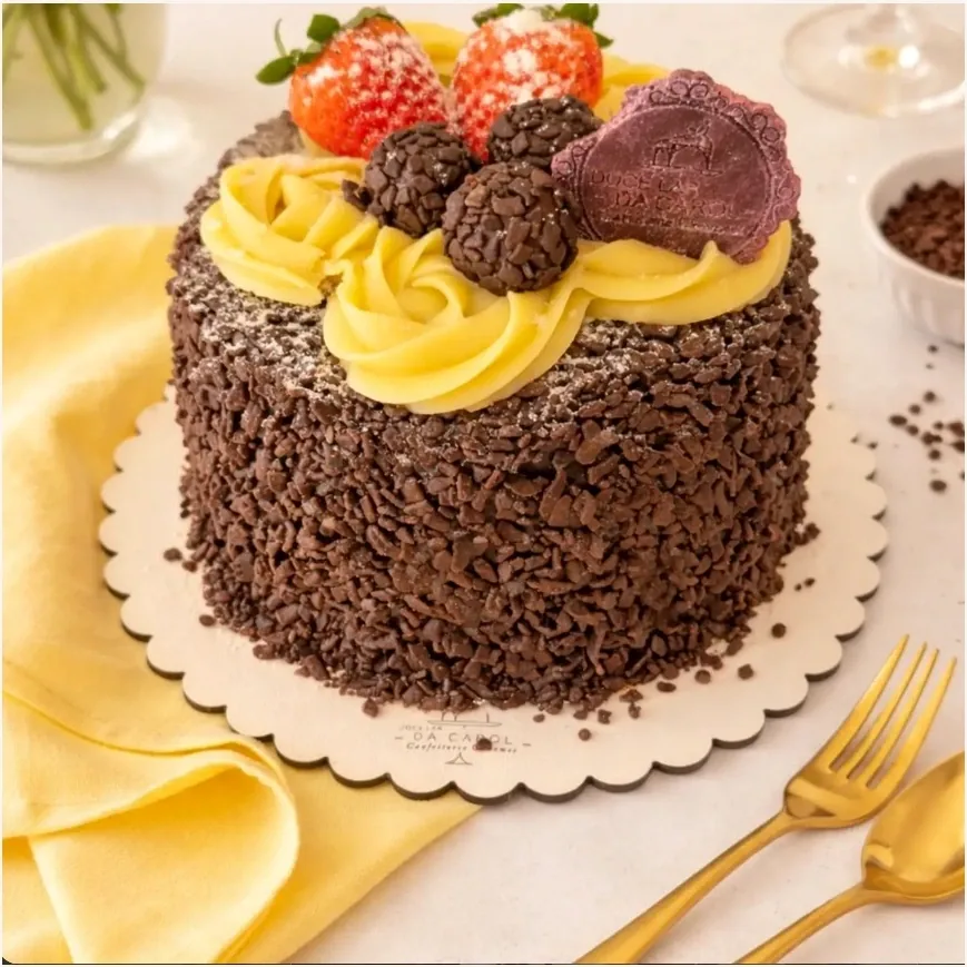 Bolo artesanal de chocolate com frutas
